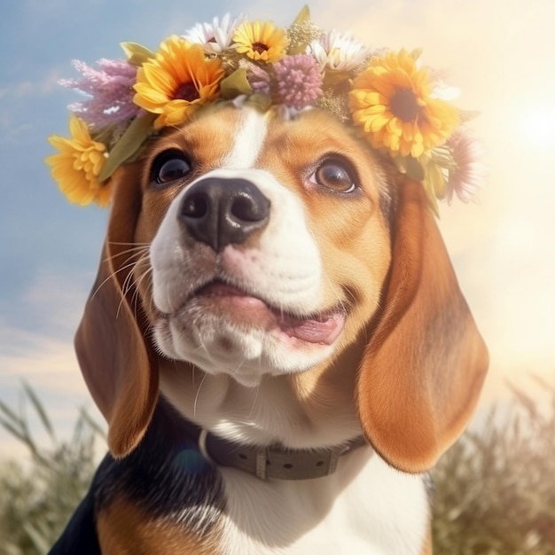 un chien portant une couronne de fleurs sur la tête