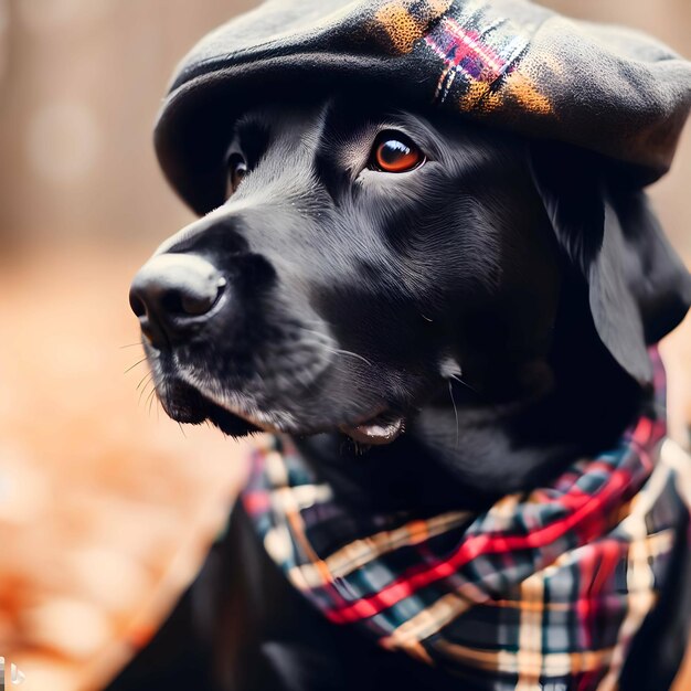 Un chien portant une écharpe à carreaux et un chapeau qui dit "j'aime les chiens"