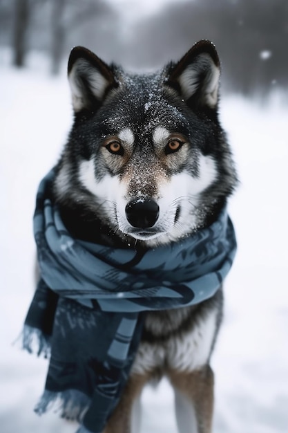Un chien portant une écharpe dans la neige