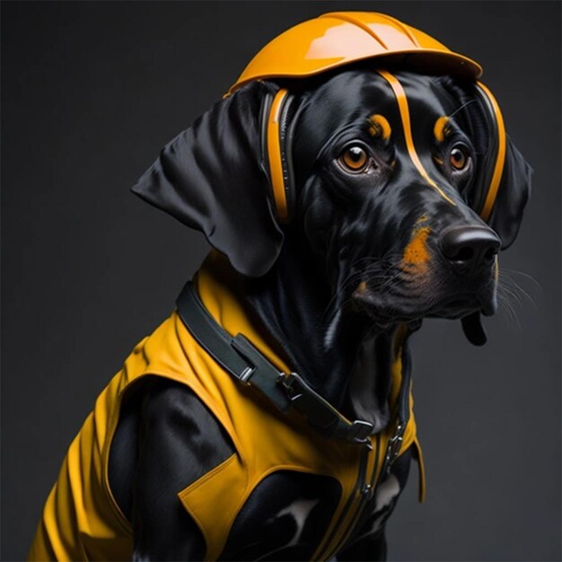 Un chien portant un gilet jaune qui dit doberman dessus.