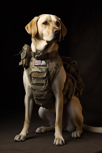 Un chien portant un gilet qui dit le mot armée dessus