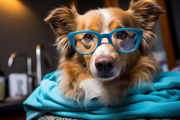 Un chien portant des lunettes et une brosse à dents à ses côtés