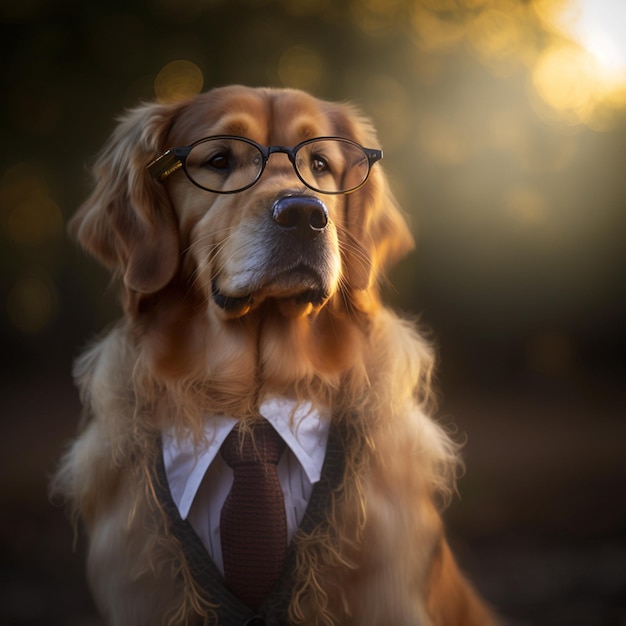 Un chien portant des lunettes et une cravate avec une cravate et une cravate.