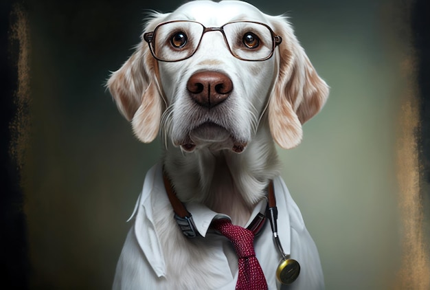 Un chien portant des lunettes et une cravate avec l'inscription "vétérinaire" dessus