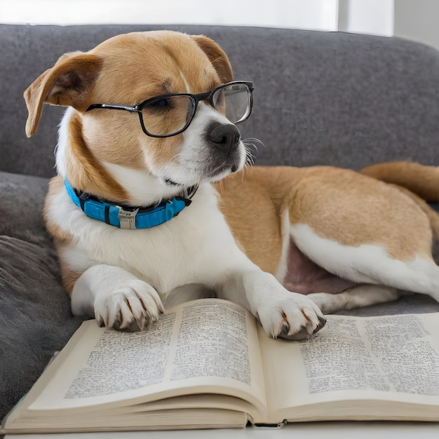 un chien portant des lunettes est allongé sur un canapé avec un livre