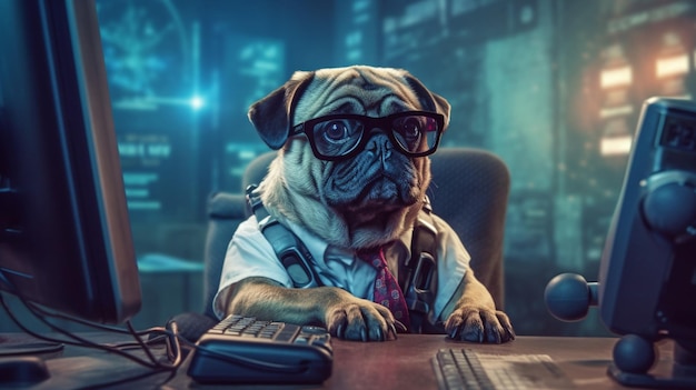 Un chien portant des lunettes est assis à un bureau avec un ordinateur