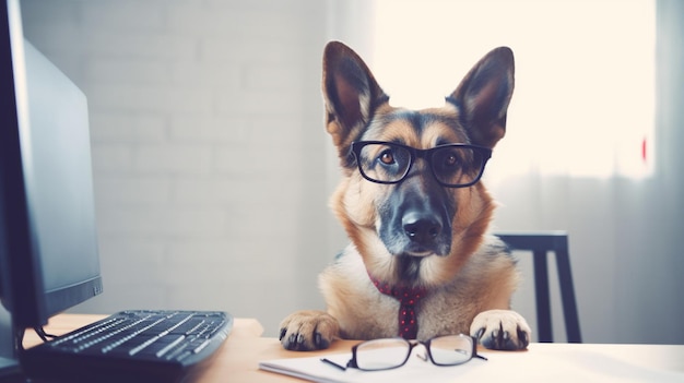 Photo un chien portant des lunettes est assis à un bureau