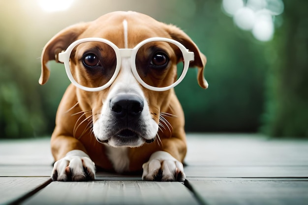 Un chien portant des lunettes est assis sur une terrasse en bois.