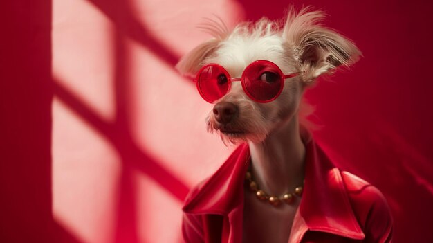 un chien portant des lunettes rouges et une robe rouge avec des lunettes rouge
