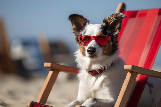 Chien portant des lunettes de soleil sur une chaise de plage