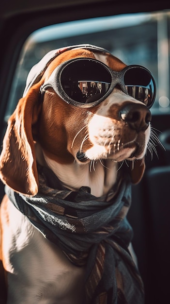 Un chien portant des lunettes de soleil et un chapeau est assis dans une voiture.