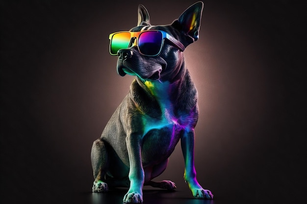 Un chien portant des lunettes de soleil et une chemise de couleur arc-en-ciel