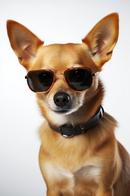 Un chien portant des lunettes de soleil et un collier avec un collier noir.