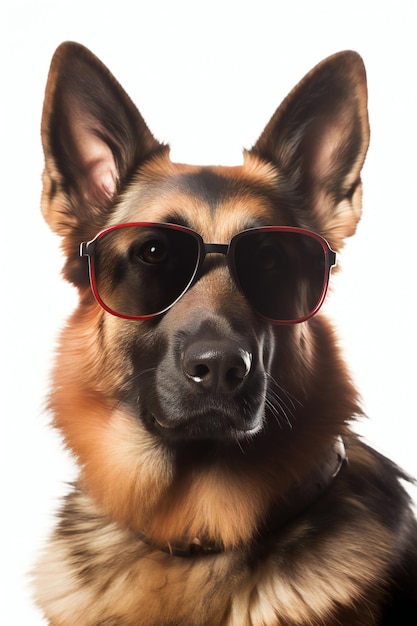 Un chien portant des lunettes de soleil et un collier avec le mot allemand dessus.