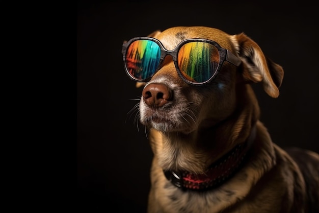 Chien portant des lunettes de soleil colorées sur fond noir Illustration pour animaux de compagnie AI générative