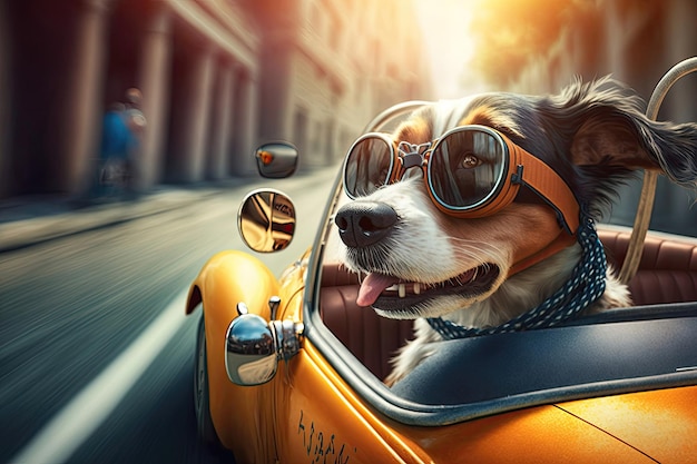 Un chien portant des lunettes de soleil conduit une voiture en ville AI générative