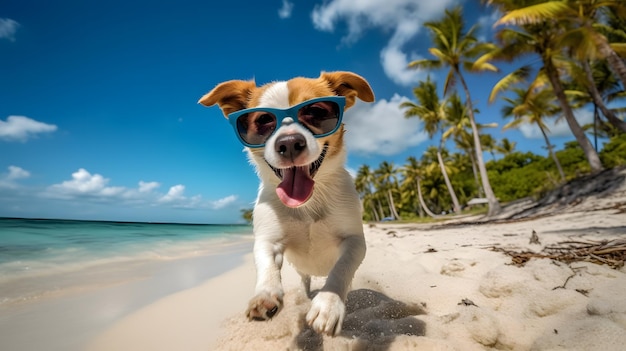 Un chien portant des lunettes de soleil court sur une plage.