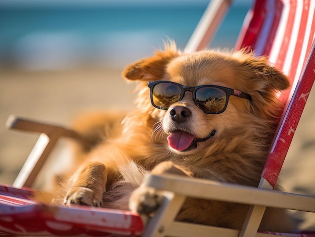 Un chien portant des lunettes de soleil est assis sur une chaise de plage, le soleil se reflétant sur ses yeux.