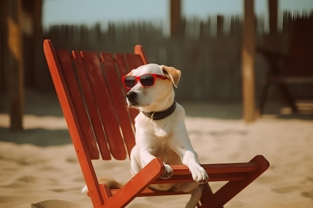 Un chien portant des lunettes de soleil est assis sur une chaise de plage