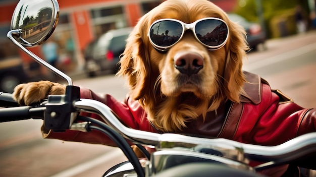 Un chien portant des lunettes de soleil est assis sur une moto Un chien portant une veste et des lunettes de soleil est assis sur une moto Dog Biker