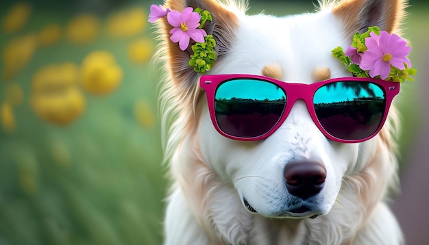 Un chien portant des lunettes de soleil avec une fleur au milieu