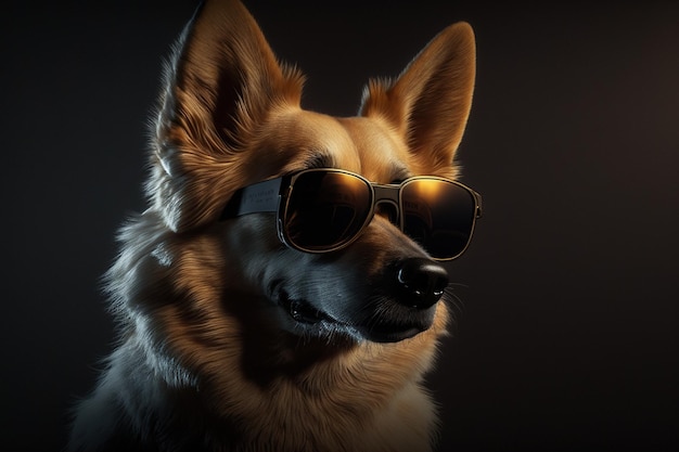 Un chien portant des lunettes de soleil et un fond noir avec le mot chien dessus