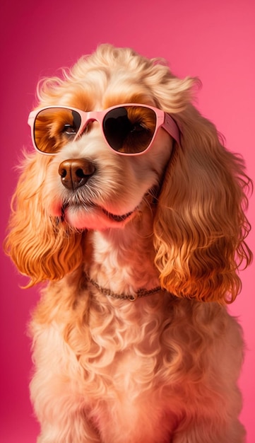 Un chien portant des lunettes de soleil et un fond rose