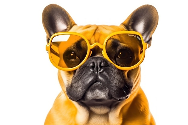 Un chien portant des lunettes de soleil jaunes qui dit "bouledogue français" dessus