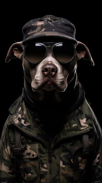 Chien portant des lunettes de soleil noires, chapeau tactique militaire