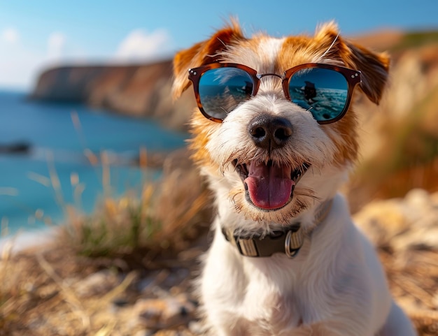 Un chien portant des lunettes de soleil sur la plage