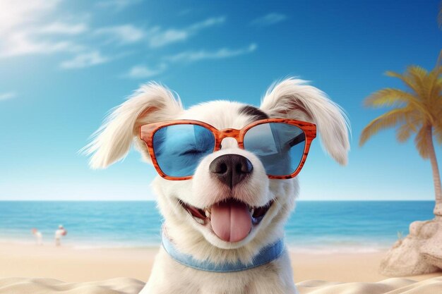 un chien portant des lunettes de soleil sur la plage