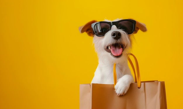 un chien portant des lunettes de soleil et un sac rouge avec un fond jaune