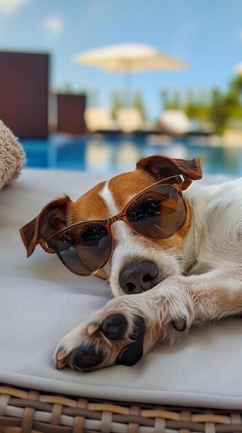 Chien portant des lunettes de soleil se détendant au bord de la piscine Concept d'été et de vacances