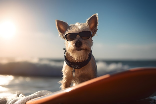 Un chien portant des lunettes de soleil se dresse sur une planche de surf sur une plage.