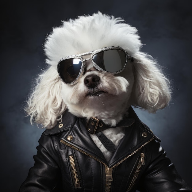 un chien portant des lunettes de soleil et une veste en cuir