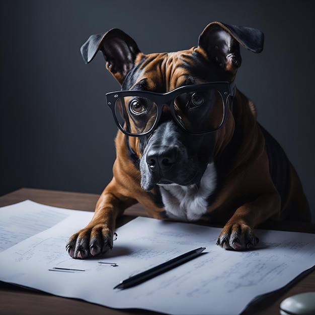 Un chien portant des lunettes travaillant sur de la paperasse dans un espace de travail désordonné créé avec la technologie d'IA générative