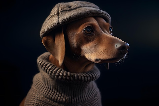 Un chien portant un pull et un chapeau