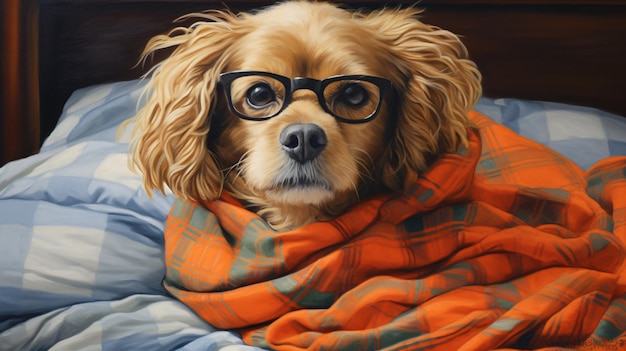 Chien portant un pull et des lunettes sur le lit