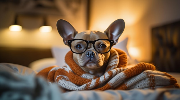 Chien portant un pull et des lunettes sur le lit