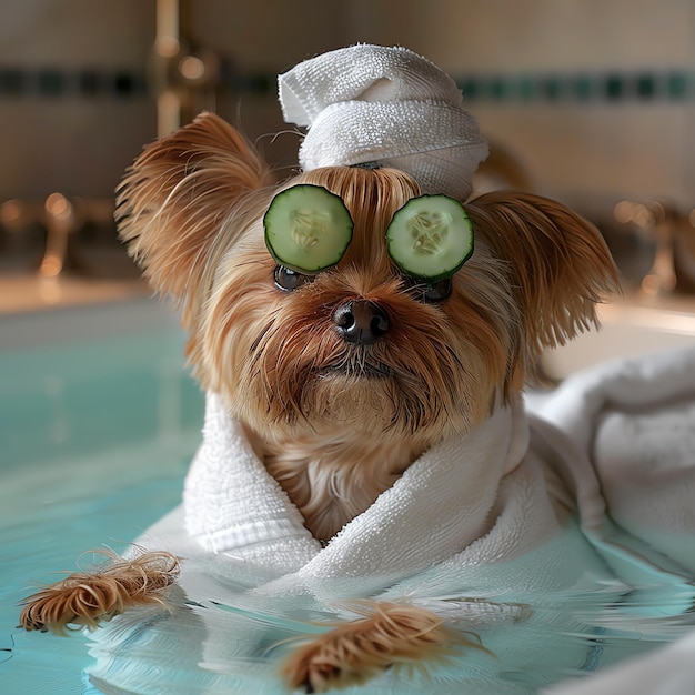 Photo un chien portant une serviette avec des concombres est assis dans une piscine
