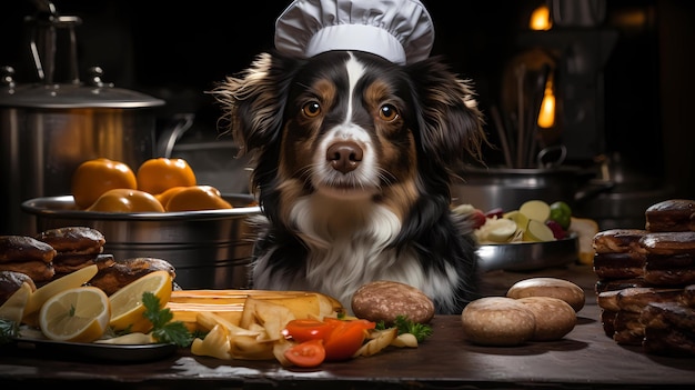 chien portant une toque et un tablier