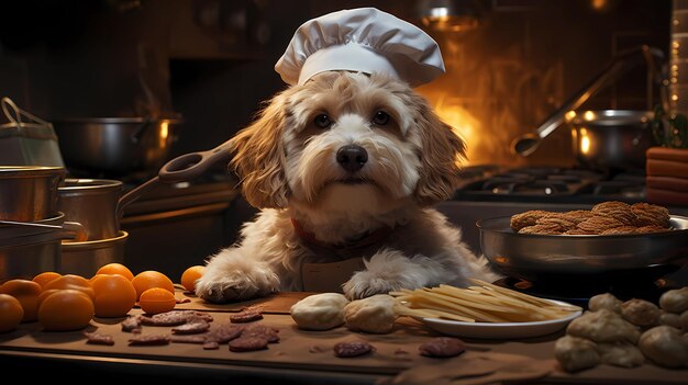 chien portant une toque et un tablier