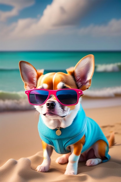 Un chien portant une veste bleue et des lunettes de soleil roses est assis sur une plage ai générative