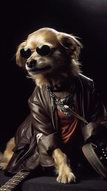 Un chien portant une veste en cuir et des lunettes de soleil est assis sur un fond noir.