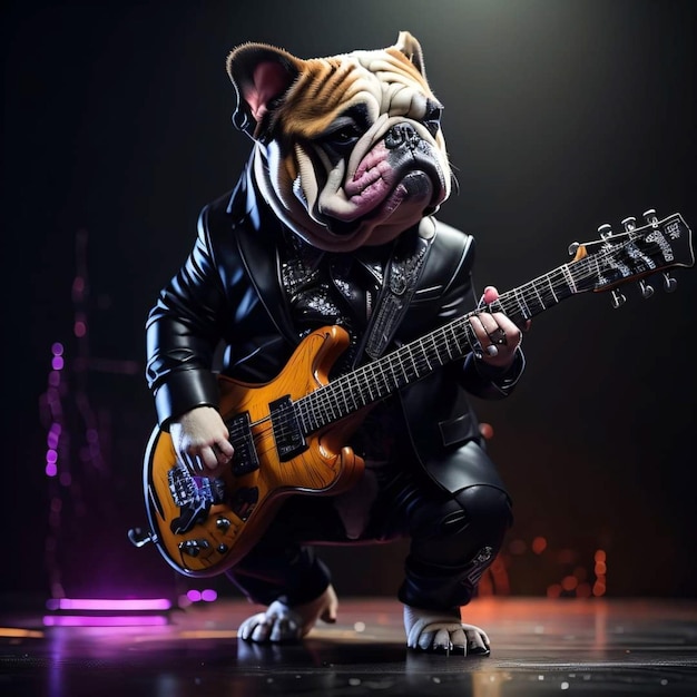 Un chien portant une veste en cuir et une veste noire joue de la guitare.