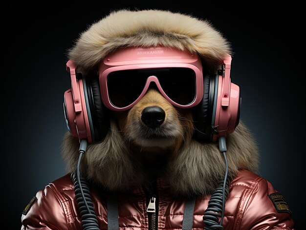 Photo un chien portant une veste avec des lunettes de protection et une paire d'écouteurs
