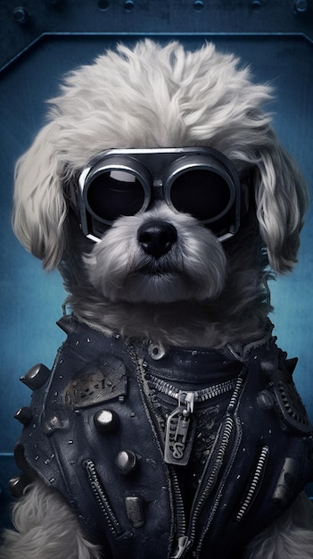 Un chien portant une veste de motard et une veste qui dit "chien"