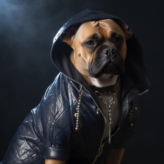 Un chien portant une veste qui dit "le nom du chien est dessus"