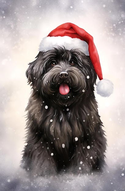 Un chien porte un chapeau de Noël à l'illustration de la neige qui tombe Peinture