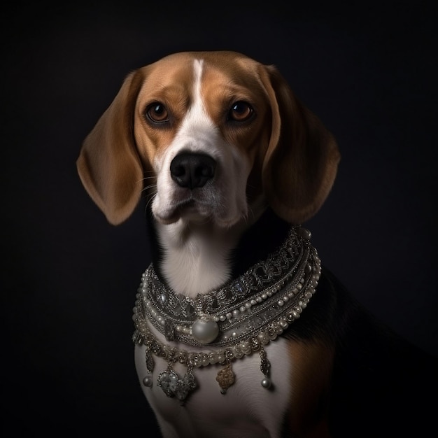 Un chien porte un collier avec un collier qui dit " beagle ".